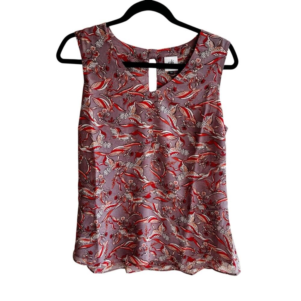 Cabi 3611 Good Luck Printed Bird Crane V-Neck Flowy Blouse with Back Bows Small
